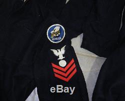10 pc Lot of Named WWII US Navy Sailor Uniforms Shirts, Pants, Sea Bag, Patches