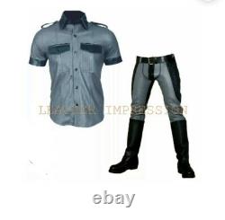 100% Real Leather Grey And Black Gay Uniform Pants and Shirts Men Leather Pants