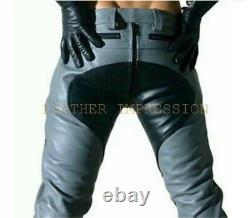 100% Real Leather Grey And Black Gay Uniform Pants and Shirts Men Leather Pants