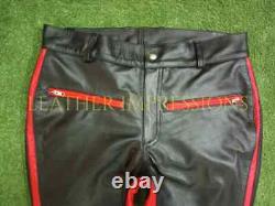 100% Real Leather Red And Black Gay Uniform Pants and Shirts Men Leather Pants