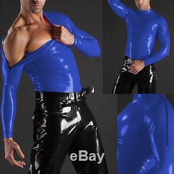 100% Rubber Latex Uniform Blue Shirt Black pants Erotic Tights Suit S-XXL