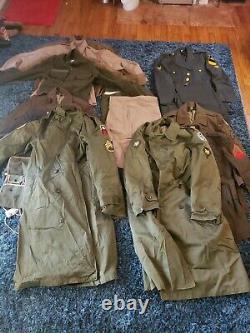 18 Vintage MILITARY CLOTHING LOT Military Uniforms 2 Trench Coats Pants Shirts