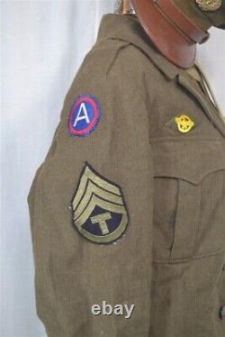 Antique men's WWII uniform complete Ike jacket, pants, shirts, hat, tie patches