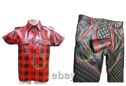 MEN'S Leather Gay Uniform Red Shirt Printed Check & Black Pant Red piping Wrist