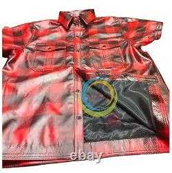 MEN'S Leather Gay Uniform Red Shirt Printed Check & Black Pant Red piping Wrist