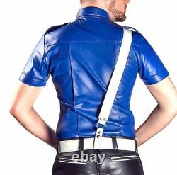 Men Blue Shirt And Black Lining Pants In pure Leather Police Full Uniform