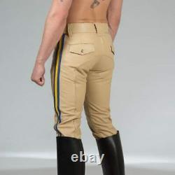 Men Hot SEXY Genuine Real Beige Sheepskin Leather Police Uniform Shirt & Pants