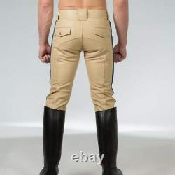 Men Hot SEXY Genuine Real Beige Sheepskin Leather Police Uniform Shirt & Pants