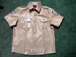 Men's Hot Stylish Police LEATHER Uniform Short Sleeve T Shirt & Pants BLUFF Gay