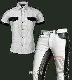 Men's Leather Uniform Pant and Shirt Genuine White and Black BLUF Fetish Biker
