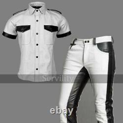 Men's Real Cowhide Leather Police Military Style White & Black Full Uniform