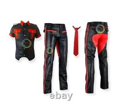 Men's Red Black Leather Pant Shirt Tie Biker Motorcycle Pant Chaps Shirt Uniform
