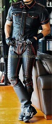 Mens Real Leather Quilted Pants & Police Style Shirt With Red Piping Gay Uniform