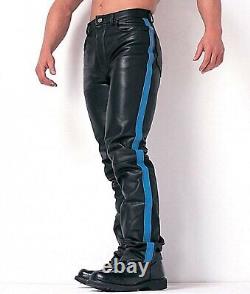 Mens Slim Fit Stripes Genuine Leather Pants Police Uniform Shirt & Tie BLUF KINK