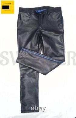 Mens Slim Fit Stripes Genuine Leather Pants Police Uniform Shirt & Tie BLUF KINK