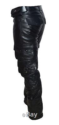 New Real Leather Men's Quilted Pant/Trouser With Cargo Pockets Free Shipping