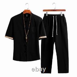 Summer Chinese Linen Tang Suit Traditional Men Tai Chi Uniform Shirt Pants Set