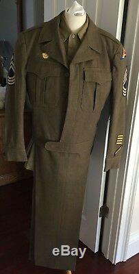 US WWII WW2 Army Master Sargent Mens Uniform Jacket 38R, Pants, Shirt & Patches
