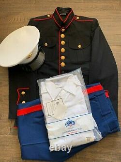 USMC Marine Corps Dress Blues Tunic Jacket, Pants, Shirt, Visor Cap Size 38XS