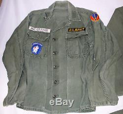 VIETNAM WAR EARLY US ARMY OG 107 NAMED UTILITY SHIRTS & 1st PATTERN PANTS