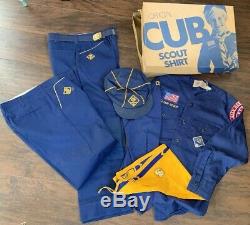 Vintage Cub Scout Uniform Lot With Box- Shirts, Pants, Handkerchief, Hat, Belt