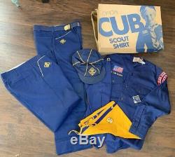 Vintage Cub Scout Uniform Lot With Box- Shirts, Pants, Handkerchief, Hat, Belt