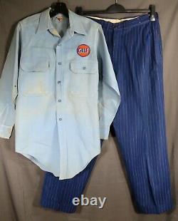 Vintage GULF GAS & OIL UNIFORM SET Striped Pants WORK SHIRT 38Chest 35-30Pants