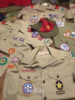 Vtg Lot Boy Scouts Uniforms Pants Shirts Merit Patches Belts Hats More