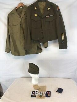 WW2 US Army 7th Army Uniform Complete Named, Jacket 38L, Pants, Shirt, Hat, Medals