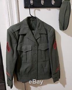 WW2 US Marine officer Uniform wool khaki hat shirt coat pants tie P. Cuevas Jr