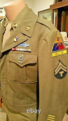 WWII 12th Armored Division Ike Jacket with shirt, pants, belt, tie, cap Size 42R